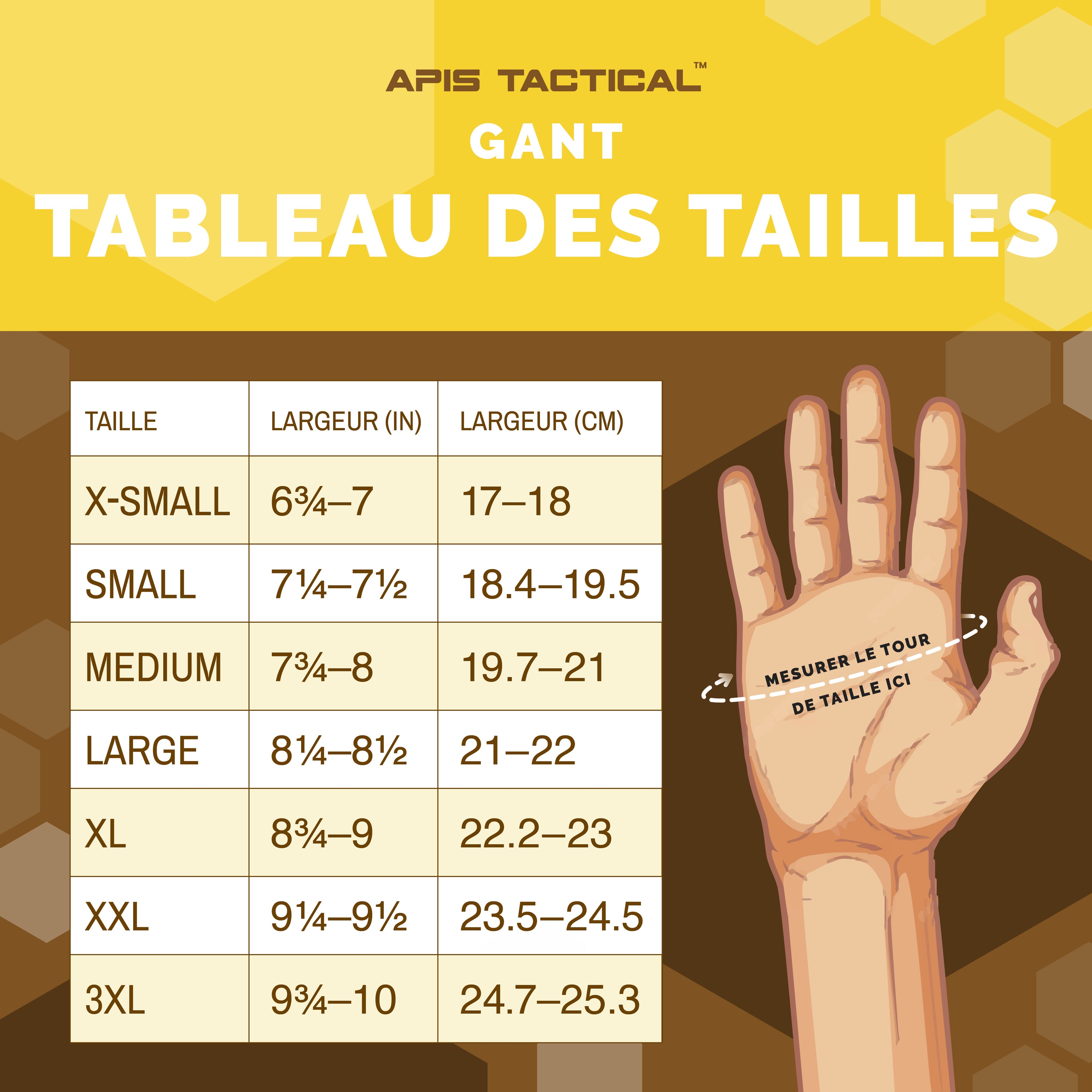 Guide des tailles des gants Apis Tactical : mesurer le tour de paume — X-Small 17–18 cm, Small 18,4–19,5 cm, Medium 19,7–21 cm, Large 21–22 cm, XL 22,2–23 cm, XXL 23,5–24,5 cm, 3XL 24,7–25,3 cm