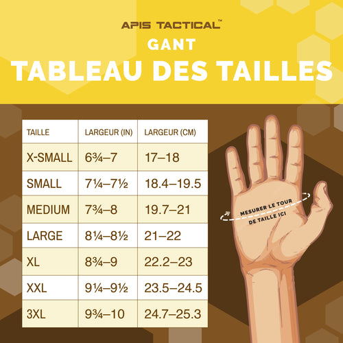 Guide des tailles des gants Apis Tactical : mesurer le tour de paume — X-Small 17–18 cm, Small 18,4–19,5 cm, Medium 19,7–21 cm, Large 21–22 cm, XL 22,2–23 cm, XXL 23,5–24,5 cm, 3XL 24,7–25,3 cm
