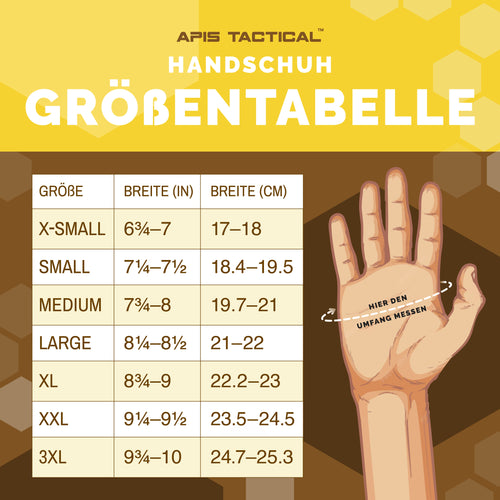Apis Tactical Größentabelle für Handschuhe: Handumfang messen – X-Small 17–18 cm, Small 18,4–19,5 cm, Medium 19,7–21 cm, Large 21–22 cm, XL 22,2–23 cm, XXL 23,5–24,5 cm, 3XL 24,7–25,3 cm